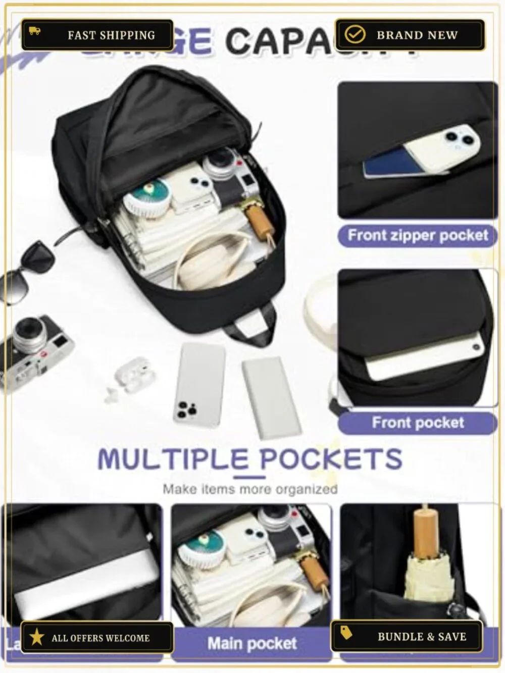 Small Black Backpack for School Teens Adults